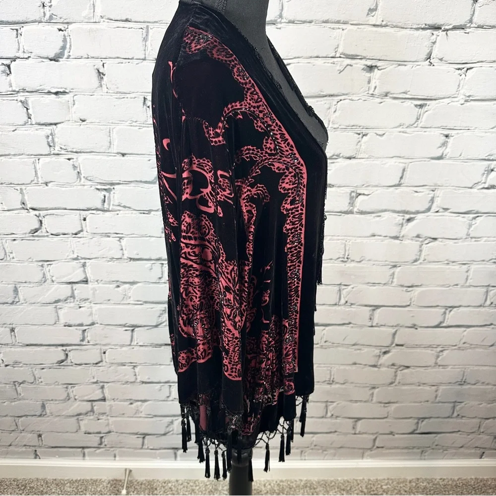 *Sold* Vtg MSK Silk Burnout Velvet Kimono Cardigan 1X Black Beaded Whimsygoth - Picture 3 of 8